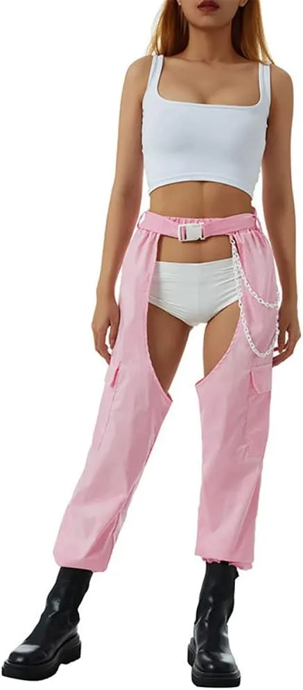 OBEEII Women's Sexy Buckle Bottomless Pants High Waist Rave Hiphop Punk Rock Crotch Hollow Out Cargo Pants Trousers