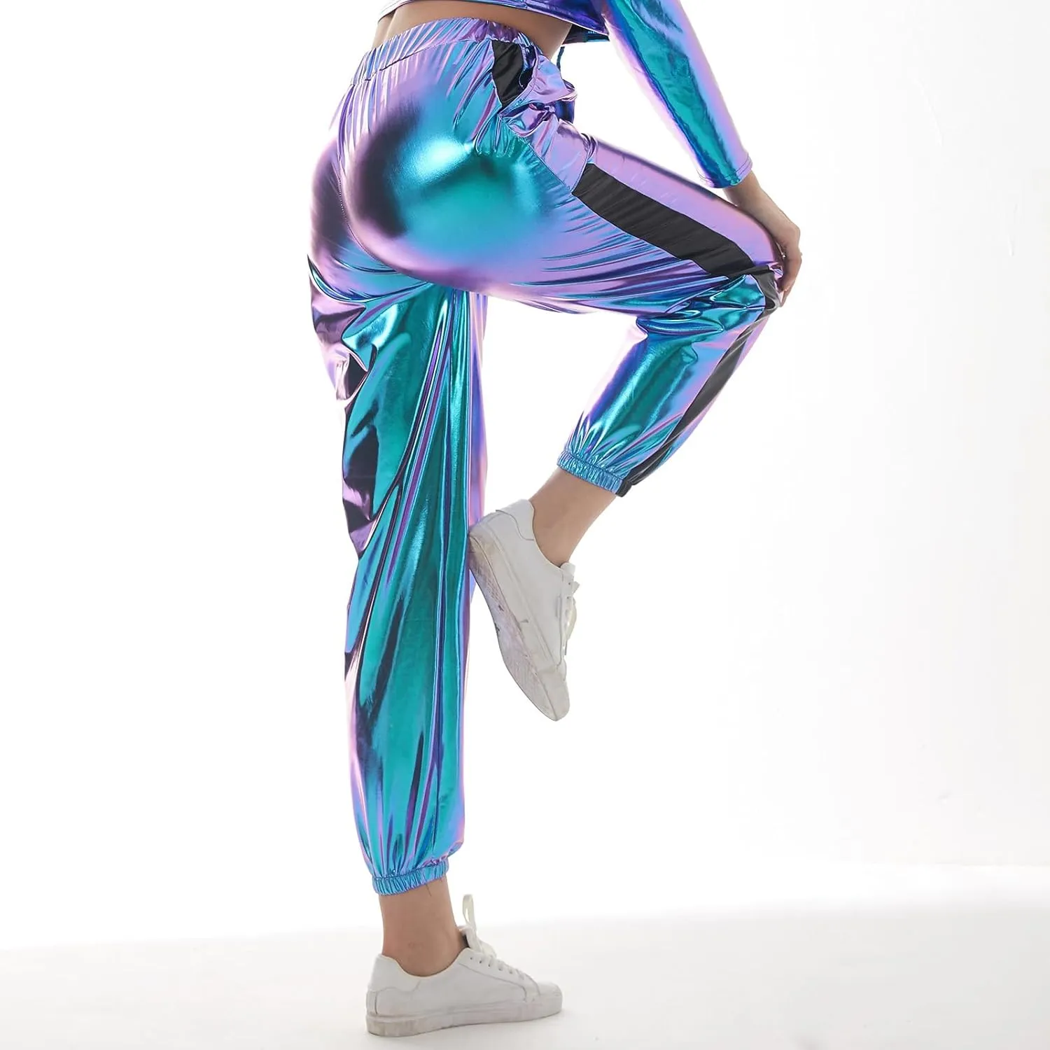 ODASDO Women Shiny Metallic Jogger Pants Wet Look Stretchy Holographic Trousers Casual High Waist Sweatpant Disco Rave Pants
