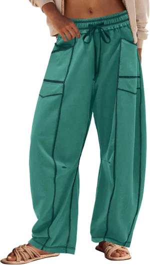 Panadila Womens Barrel Pants Drawstring Wide Leg Sweatpants Baggy Summer Lounge Pants Casual Beach Trousers