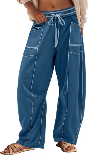Panadila Womens Barrel Pants Drawstring Wide Leg Sweatpants Baggy Summer Lounge Pants Casual Beach Trousers