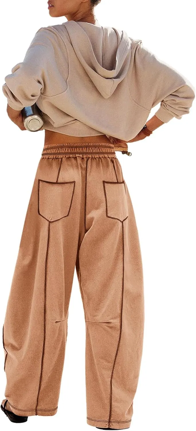 Panadila Womens Barrel Pants Drawstring Wide Leg Sweatpants Baggy Summer Lounge Pants Casual Beach Trousers