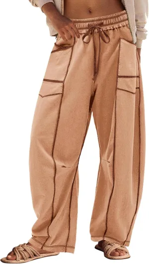Panadila Womens Barrel Pants Drawstring Wide Leg Sweatpants Baggy Summer Lounge Pants Casual Beach Trousers