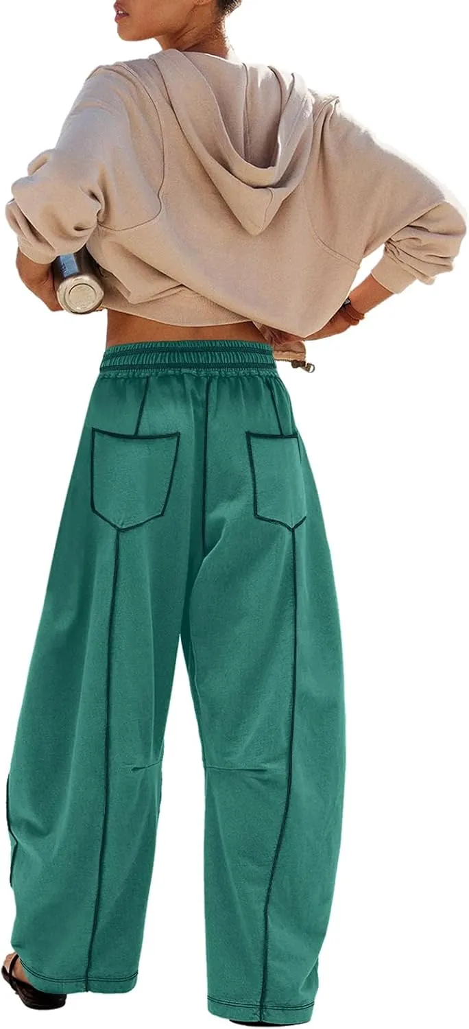 Panadila Womens Barrel Pants Drawstring Wide Leg Sweatpants Baggy Summer Lounge Pants Casual Beach Trousers