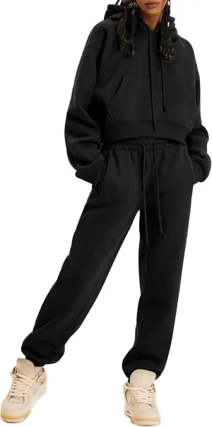PEHMEA Women's 2 Piece Sweatsuit Outfits, Winter Comfy Lounge Sets for Women, Fleece Hoodies Crop Pullover with Joggers Pants