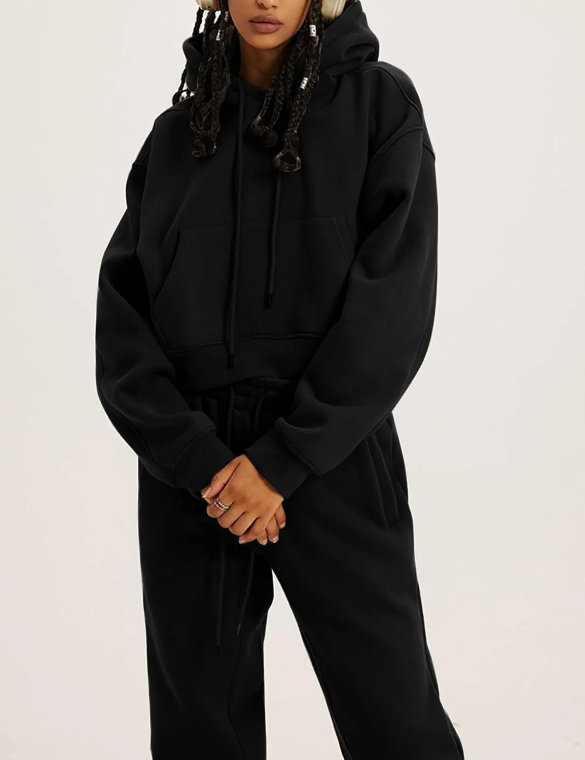 PEHMEA Women's 2 Piece Sweatsuit Outfits, Winter Comfy Lounge Sets for Women, Fleece Hoodies Crop Pullover with Joggers Pants