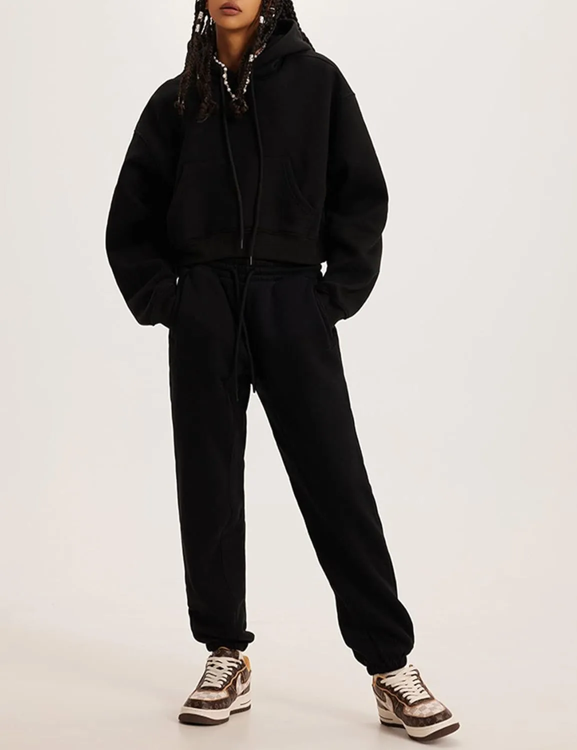 PEHMEA Women's 2 Piece Sweatsuit Outfits, Winter Comfy Lounge Sets for Women, Fleece Hoodies Crop Pullover with Joggers Pants