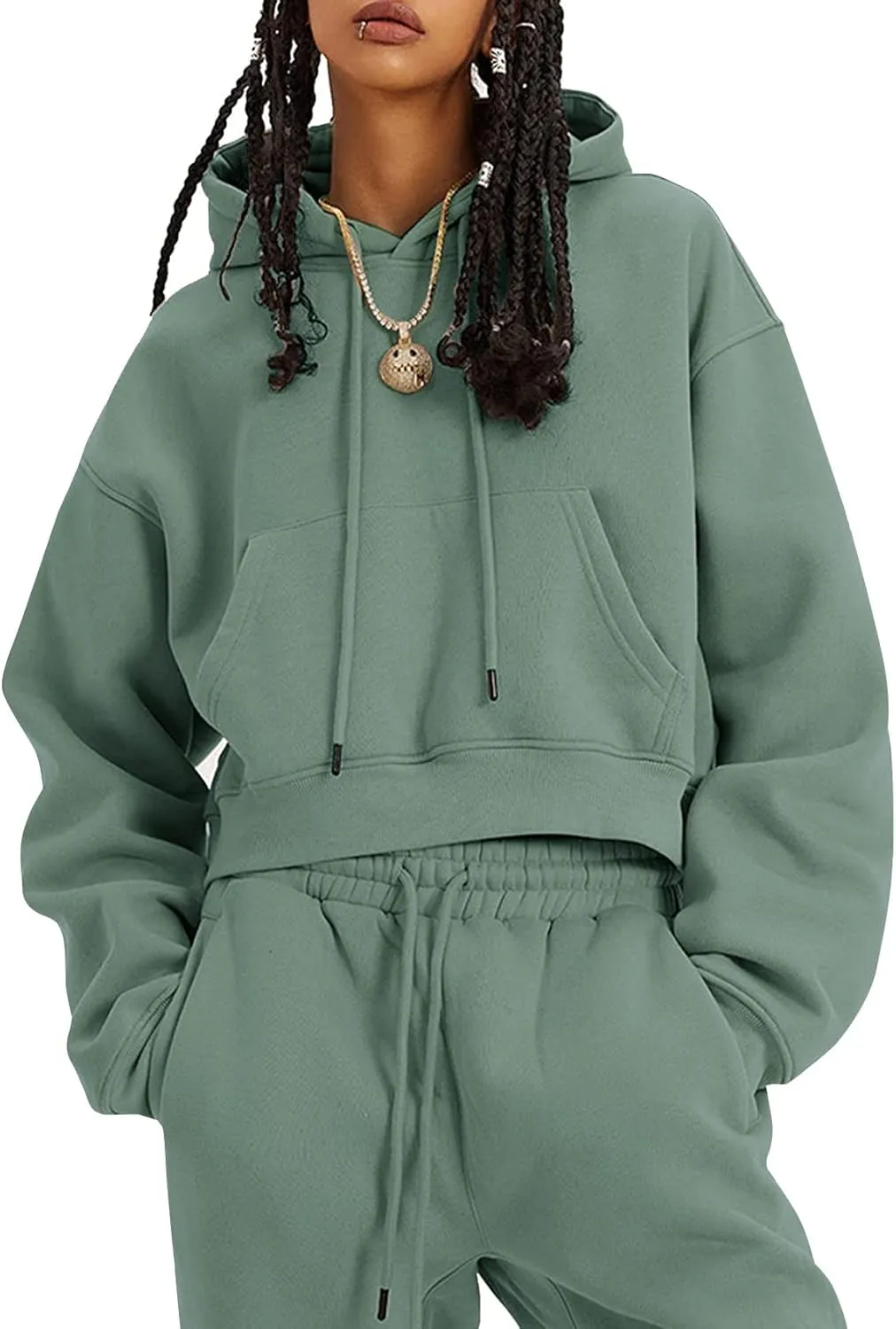 PEHMEA Women's 2 Piece Sweatsuit Outfits, Winter Comfy Lounge Sets for Women, Fleece Hoodies Crop Pullover with Joggers Pants