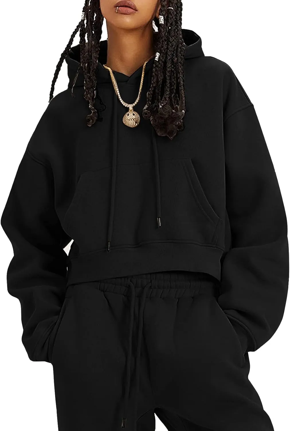 PEHMEA Women's 2 Piece Sweatsuit Outfits, Winter Comfy Lounge Sets for Women, Fleece Hoodies Crop Pullover with Joggers Pants