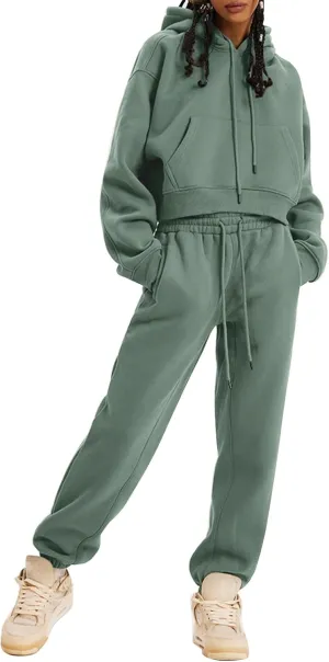 PEHMEA Women's 2 Piece Sweatsuit Outfits, Winter Comfy Lounge Sets for Women, Fleece Hoodies Crop Pullover with Joggers Pants