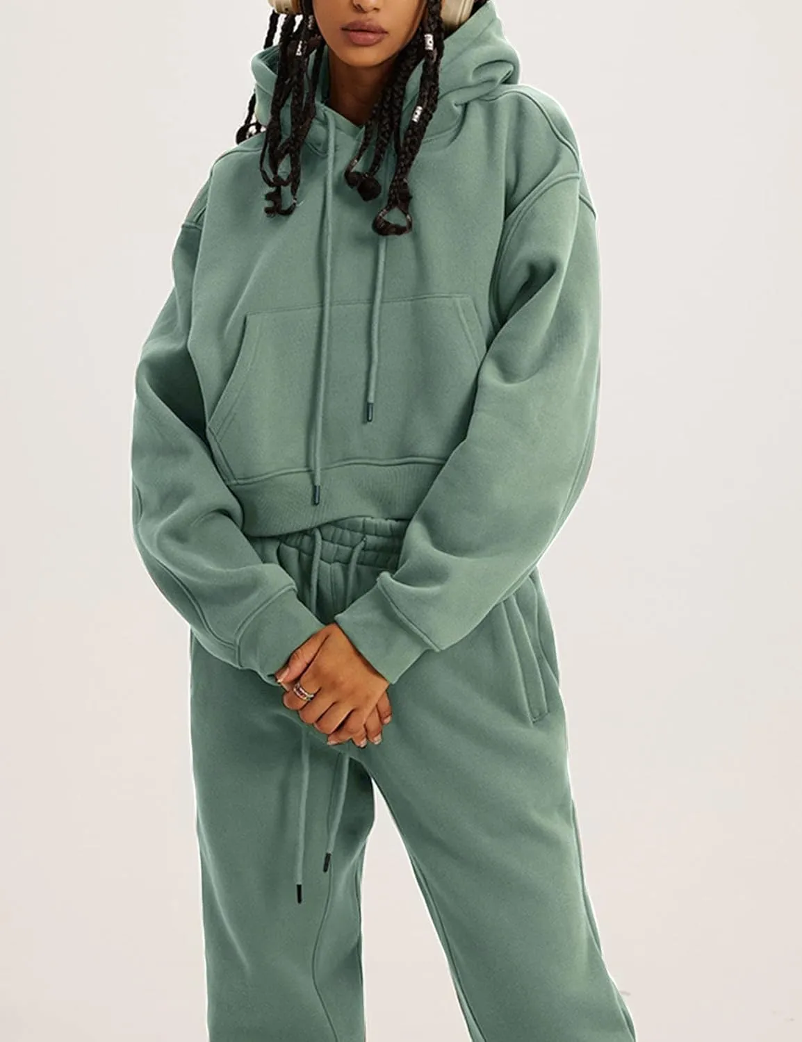 PEHMEA Women's 2 Piece Sweatsuit Outfits, Winter Comfy Lounge Sets for Women, Fleece Hoodies Crop Pullover with Joggers Pants