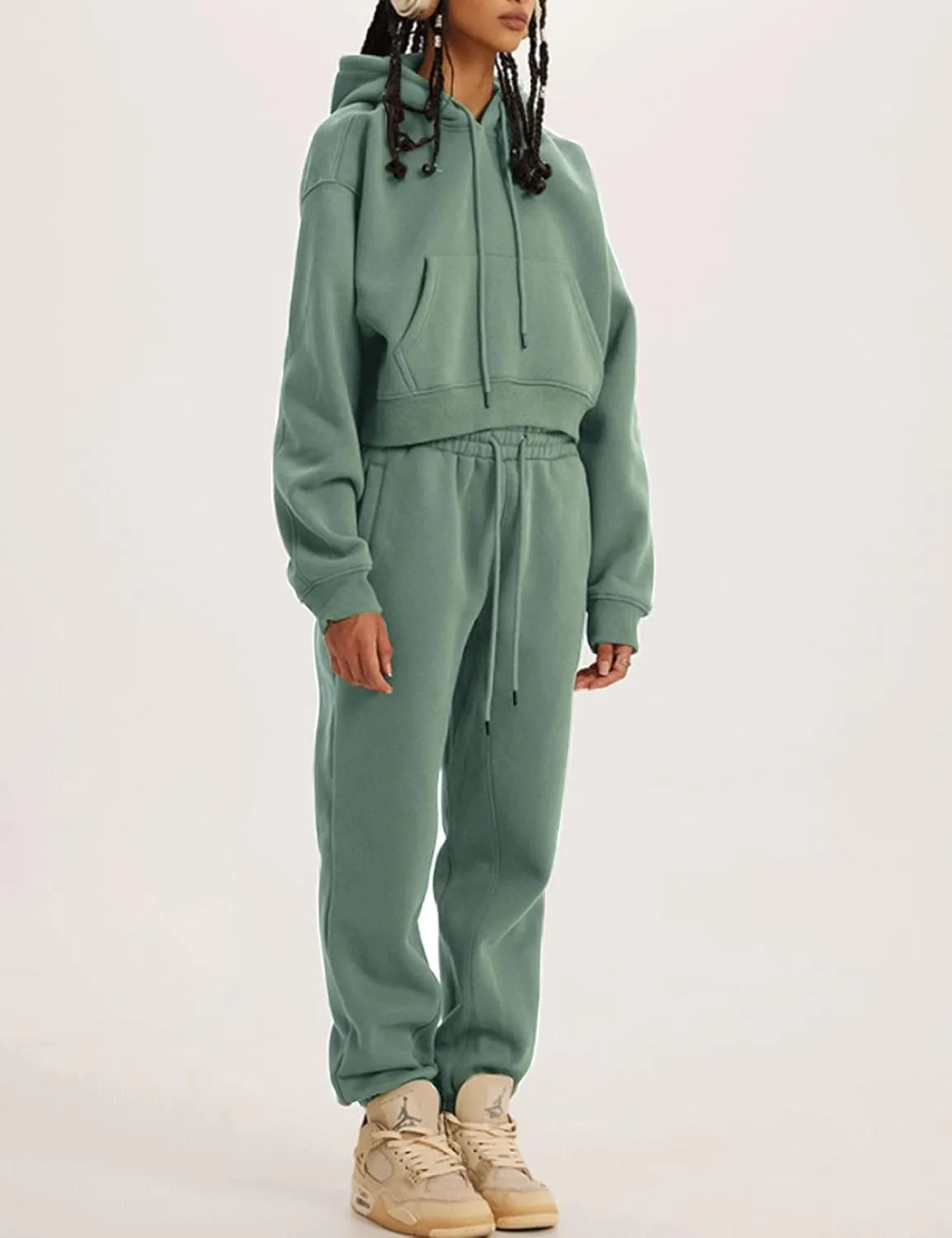 PEHMEA Women's 2 Piece Sweatsuit Outfits, Winter Comfy Lounge Sets for Women, Fleece Hoodies Crop Pullover with Joggers Pants