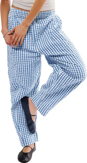 PEHMEA Women's Gingham Lounge Pants with Pockets, Wide Leg Pajama Elastic Waist Casual Loose Fit Checkered Long Trousers