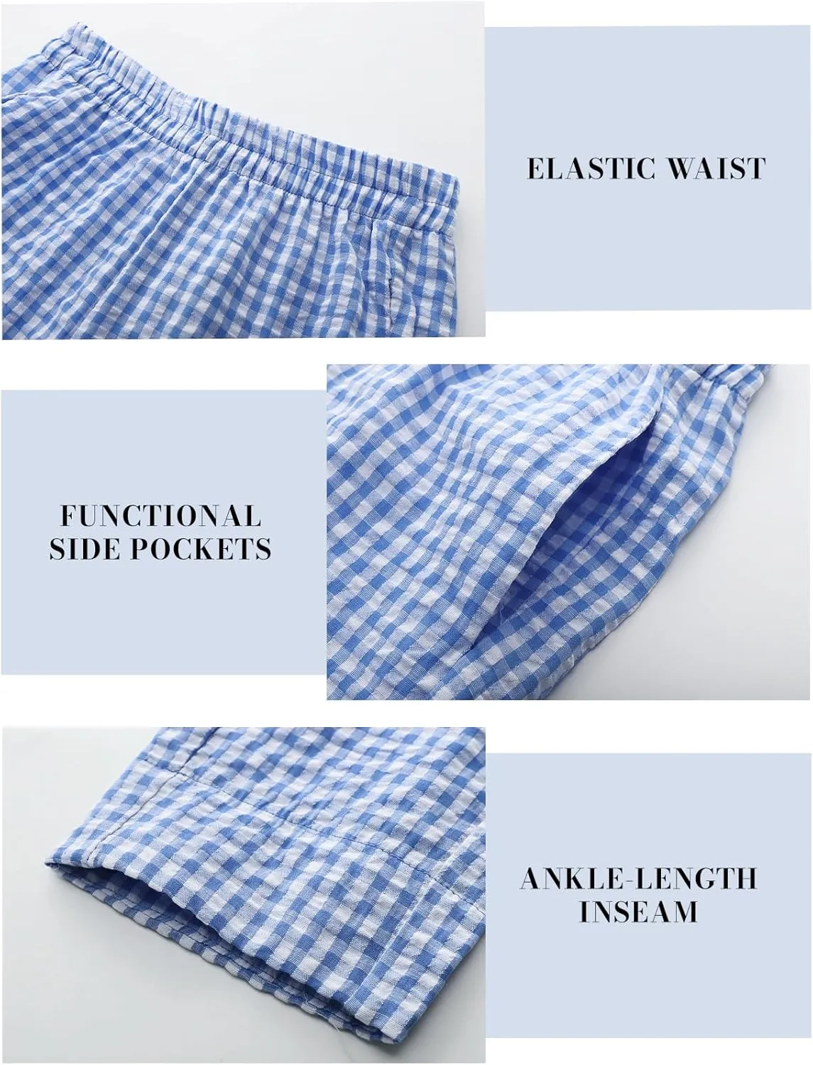 PEHMEA Women's Gingham Lounge Pants with Pockets, Wide Leg Pajama Elastic Waist Casual Loose Fit Checkered Long Trousers