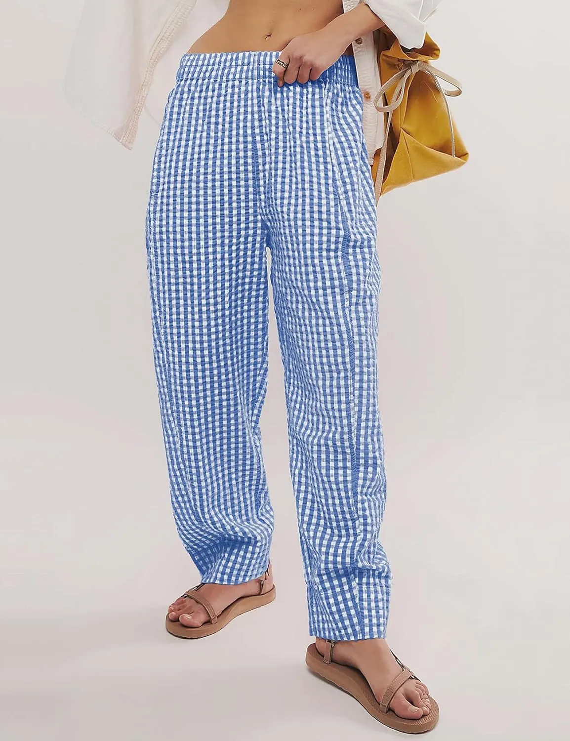 PEHMEA Women's Gingham Lounge Pants with Pockets, Wide Leg Pajama Elastic Waist Casual Loose Fit Checkered Long Trousers