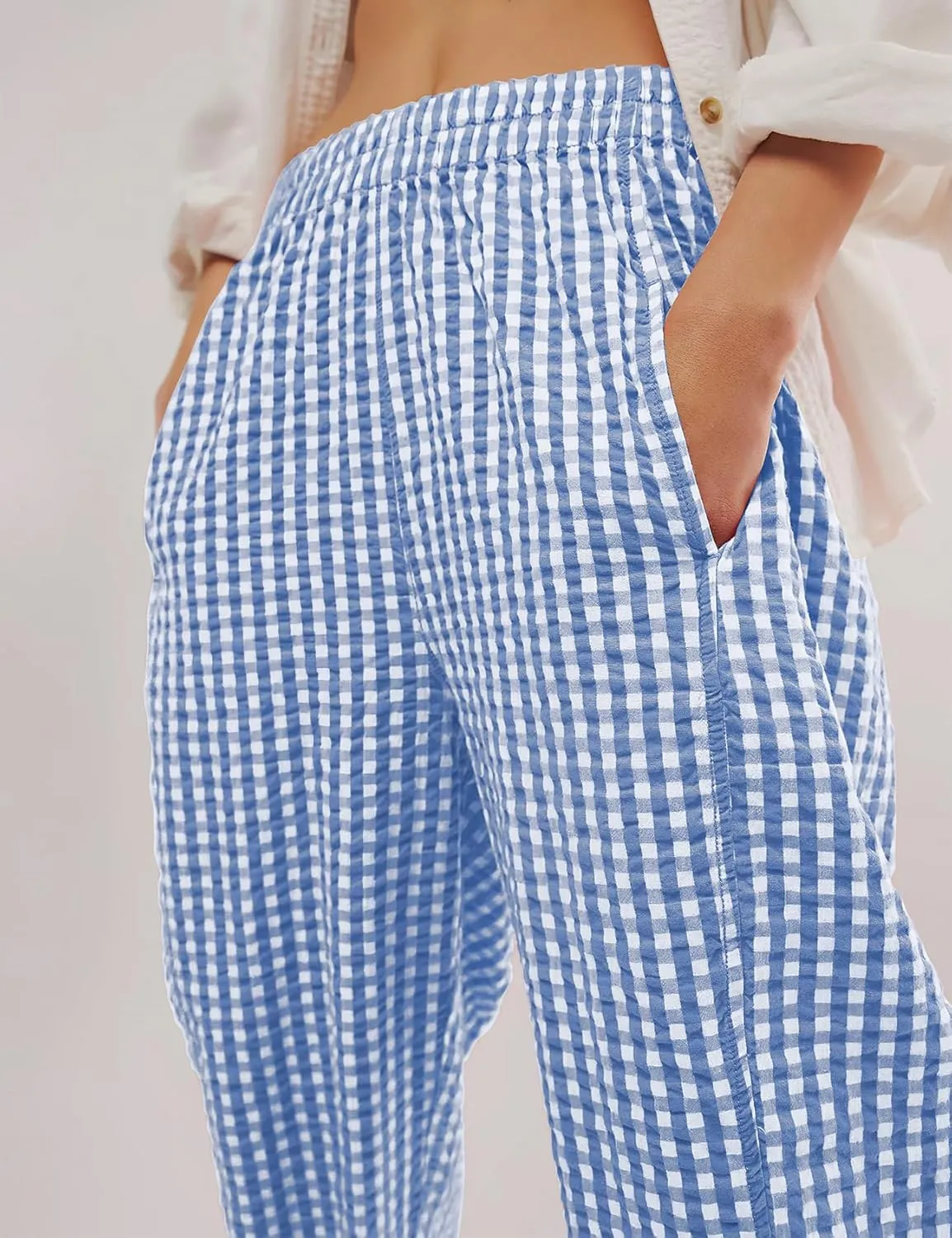 PEHMEA Women's Gingham Lounge Pants with Pockets, Wide Leg Pajama Elastic Waist Casual Loose Fit Checkered Long Trousers