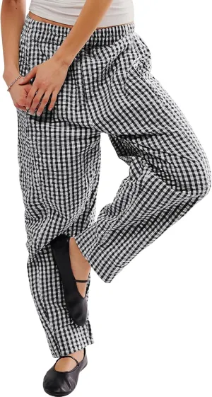 PEHMEA Women's Gingham Lounge Pants with Pockets, Wide Leg Pajama Elastic Waist Casual Loose Fit Checkered Long Trousers