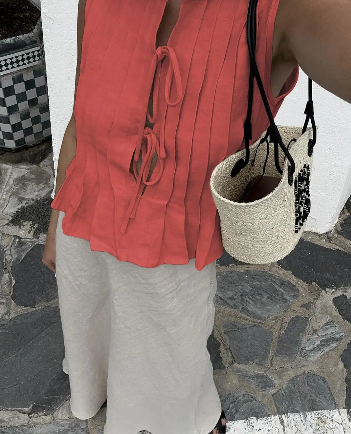 POHADON Womens Y2k Vest Tank Tops Cute Ruffle Cotton Linen Tie Front Shirt Going Out Pleated Summer Cute Lace Up Clothes