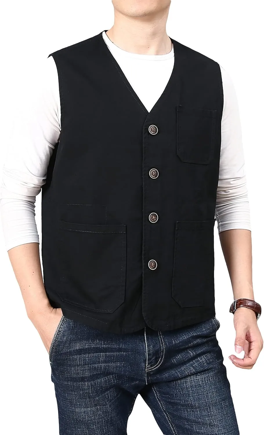 PRIJOUHE Men's Casual Outdoor Cotton Vest Lightweight Breathable Multi-Pocket Fishing Safari Travel Vests Outwear