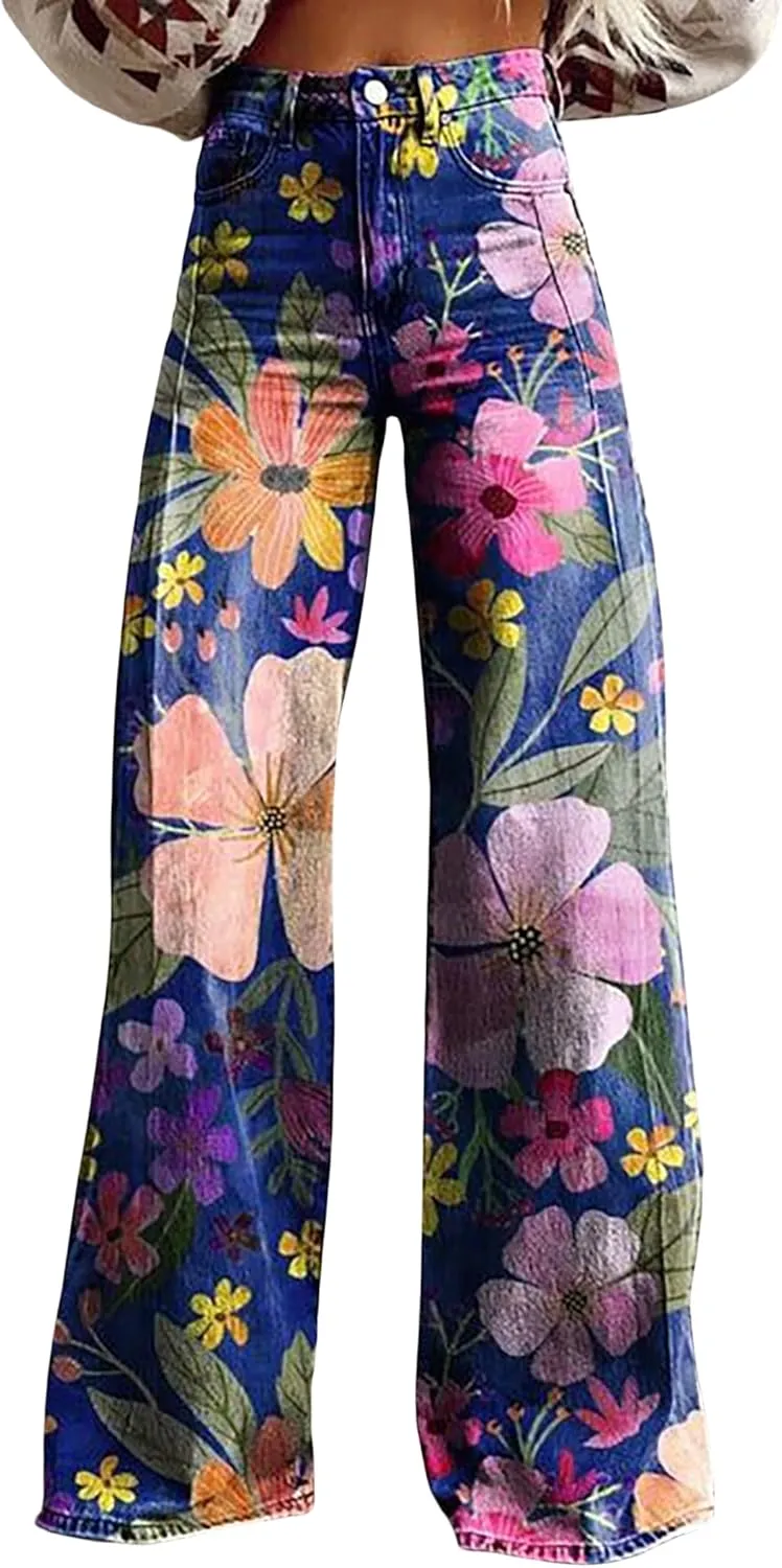 Printed Jeans for Women, Wide Leg Jeans Woman Vintage, Vintage Floral Graphic, 2025 Summer Wide Leg Dark Wash 90s Jean