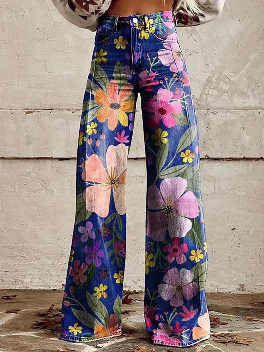 Printed Jeans for Women, Wide Leg Jeans Woman Vintage, Vintage Floral Graphic, 2025 Summer Wide Leg Dark Wash 90s Jean