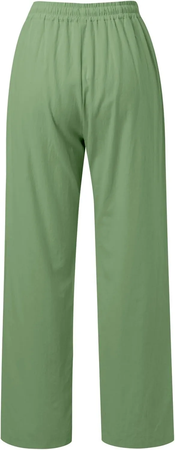 PTOLOCIF Linen Pants Women Summer,Drawstring Elastic Waist Pants Cotton Linen Tapered Pants Casual Travel Pants Trousers
