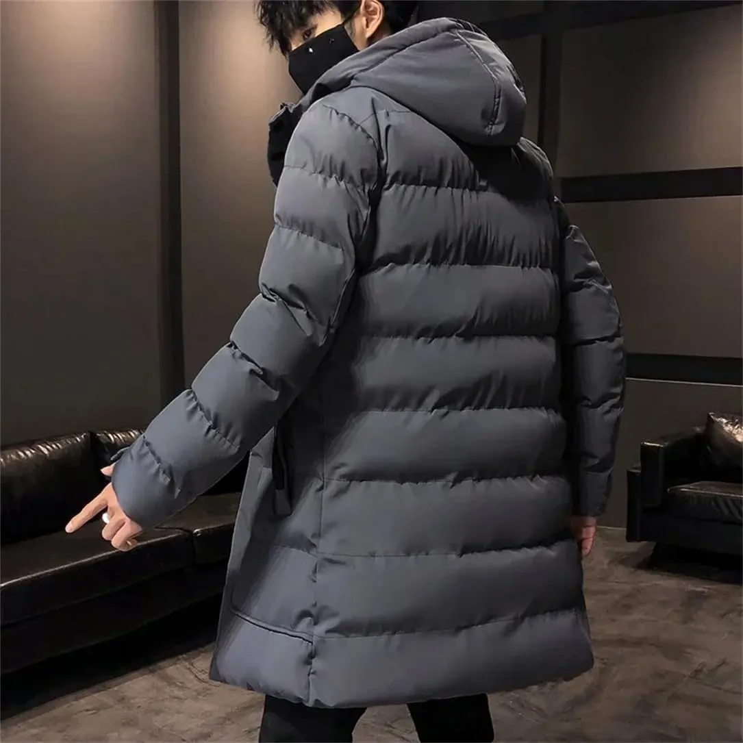Pulcykp Men Thick Warm Parkas Winter Casual Mid-Length Long Sleeves Cotton Jacket Hooded Padded Coat