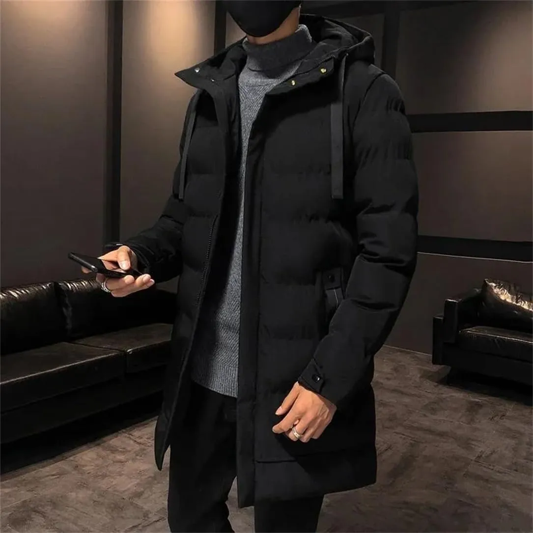 Pulcykp Men Thick Warm Parkas Winter Casual Mid-Length Long Sleeves Cotton Jacket Hooded Padded Coat