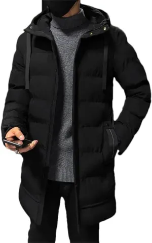 Pulcykp Men Thick Warm Parkas Winter Casual Mid-Length Long Sleeves Cotton Jacket Hooded Padded Coat