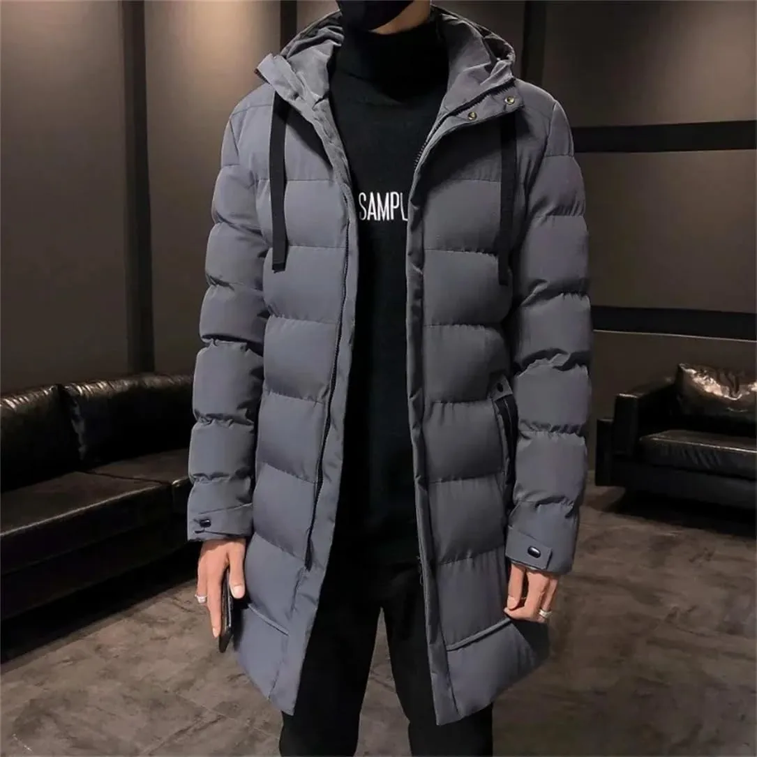 Pulcykp Men Thick Warm Parkas Winter Casual Mid-Length Long Sleeves Cotton Jacket Hooded Padded Coat