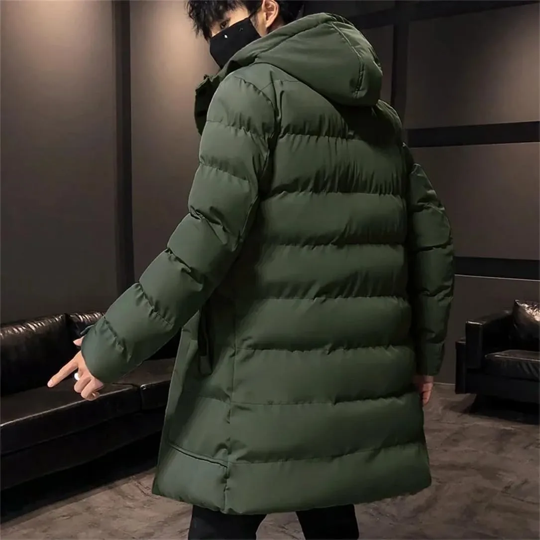 Pulcykp Men Thick Warm Parkas Winter Casual Mid-Length Long Sleeves Cotton Jacket Hooded Padded Coat