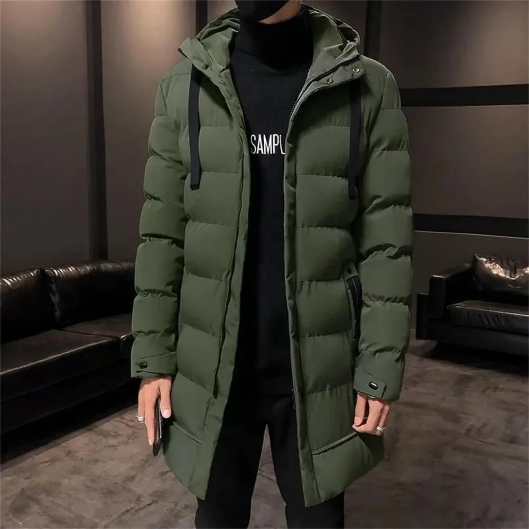 Pulcykp Men Thick Warm Parkas Winter Casual Mid-Length Long Sleeves Cotton Jacket Hooded Padded Coat