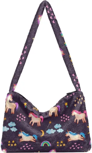Purple Unicorn Rainbow Shoulder Tote Bags for Women Furry Crossbody bag Hobo Handbag Purses for College Travel Work