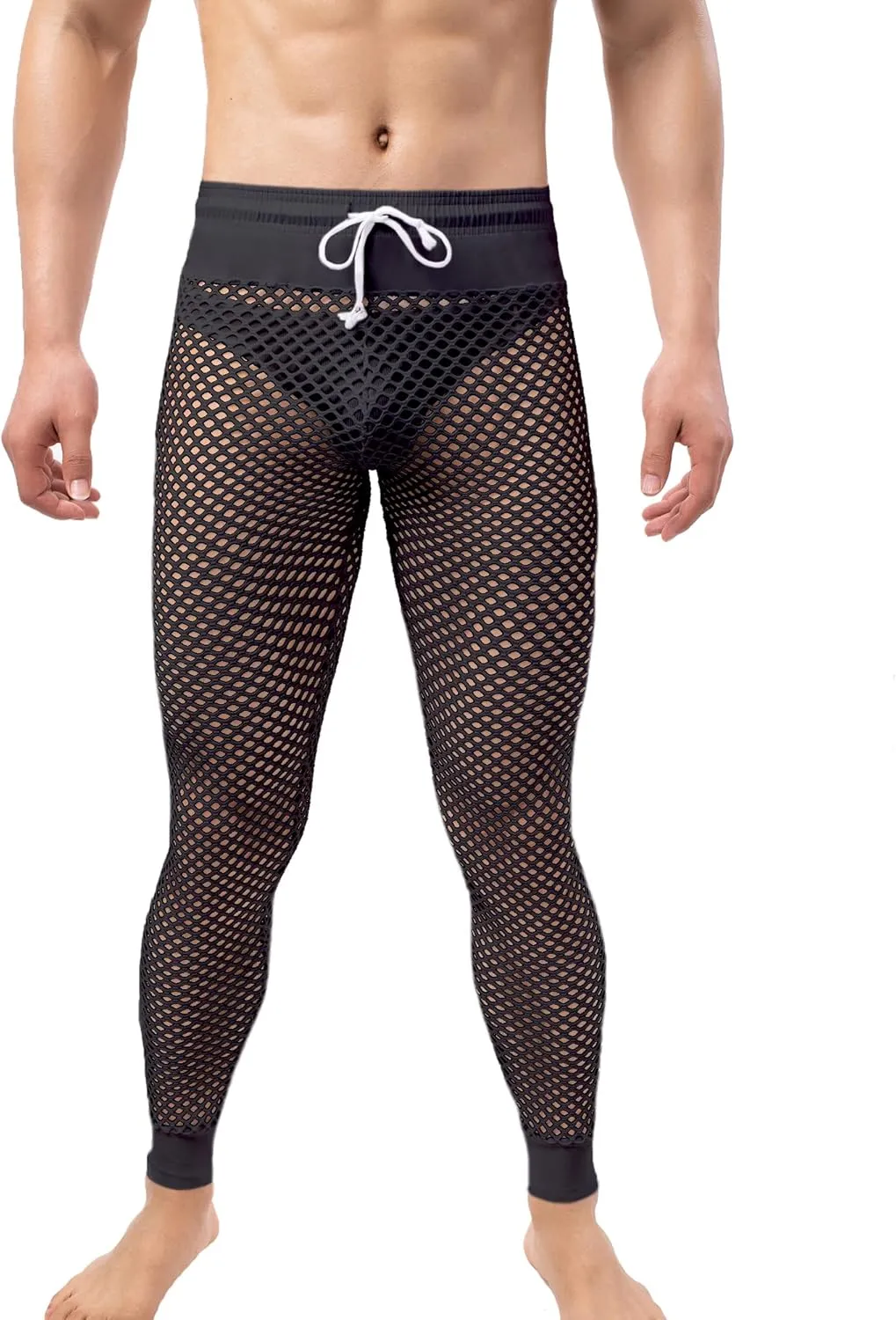 QiaTi Men's Fishnet Pants Mesh See Through Muscle Leggings Stretchy Drawstring Long Pants