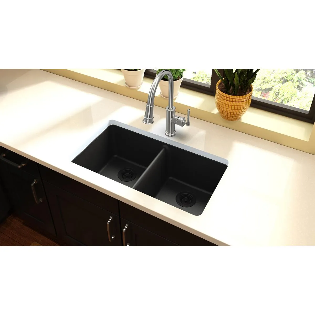 Quartz Classic 33" x 18.5" x 9.5" Double-Basin Undermount Kitchen Sink in Black