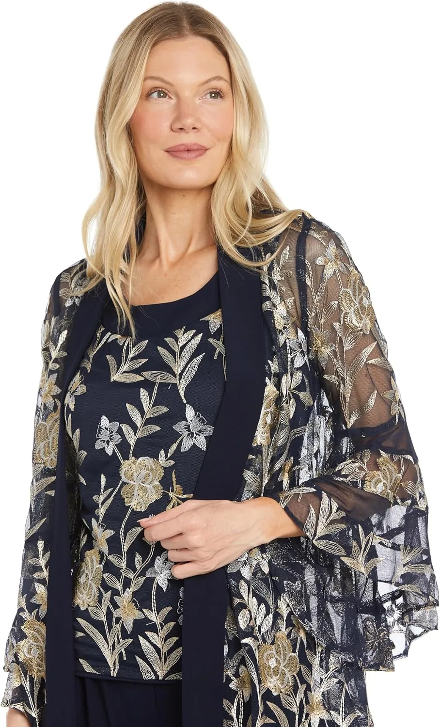 R&M Richards 2PC Mock Pantsuit W/Threadwork & Illusion Bell Sleeve