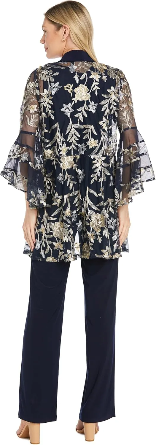 R&M Richards 2PC Mock Pantsuit W/Threadwork & Illusion Bell Sleeve