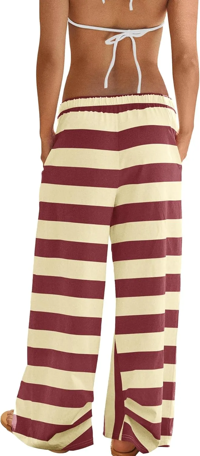 ReachMe Womens Striped Wide Leg Pants Beach Travel Palazzo Pants Drawstring Elastic Waist Pants with Pockets