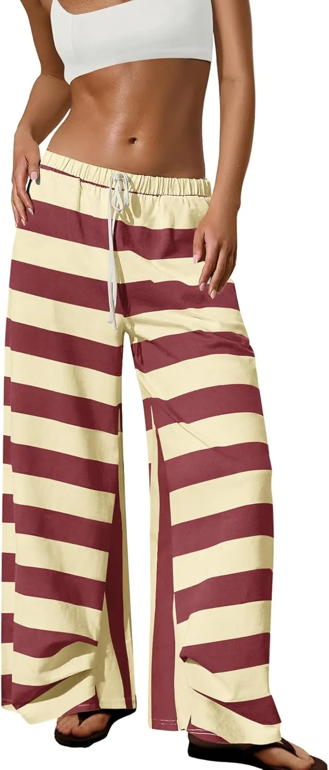 ReachMe Womens Striped Wide Leg Pants Beach Travel Palazzo Pants Drawstring Elastic Waist Pants with Pockets