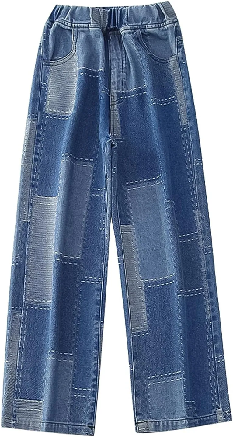 Rolanko Girls Jeans Denim Elastic Wasit Wide Leg Baggy Pants Kids Clothes 4-14 Years