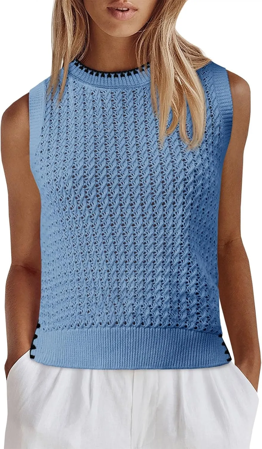 Saodimallsu Womens Sleeveless Knit Sweater Vest Crochet Color Block Stitched Crew Neck Cropped Casual Tops