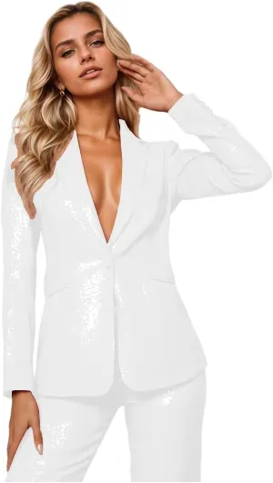Sequin Womens Suit 2 Piece Set Dressy Sexy V Neck Wedding Tuxedos Glitter Sparkly Blazer Pants Prom Party Outfit