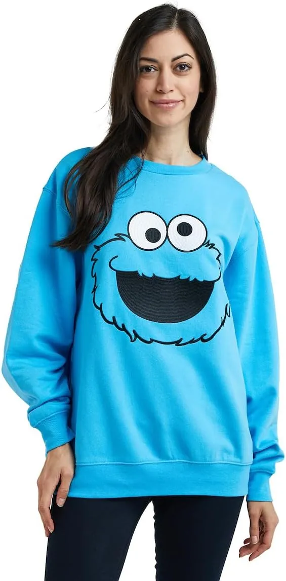 Sesame Street Big Face Cookie Monster Blue Crew Neck Long Sleeve Oversized Fleece Sweatshirt
