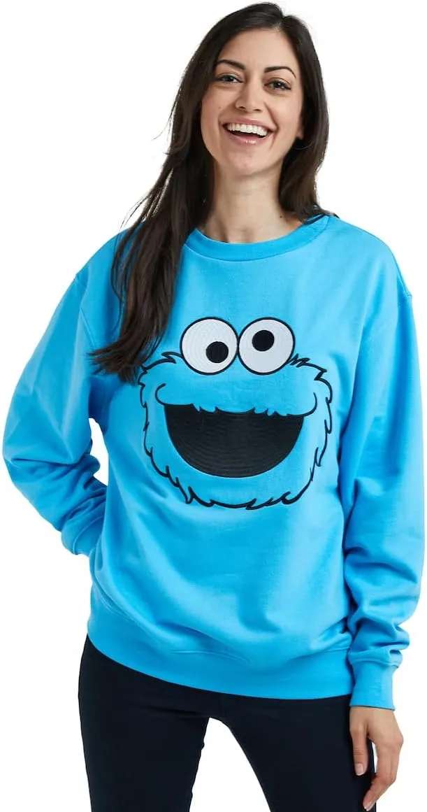 Sesame Street Big Face Cookie Monster Blue Crew Neck Long Sleeve Oversized Fleece Sweatshirt