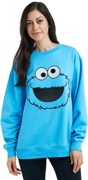 Sesame Street Big Face Cookie Monster Blue Crew Neck Long Sleeve Oversized Fleece Sweatshirt