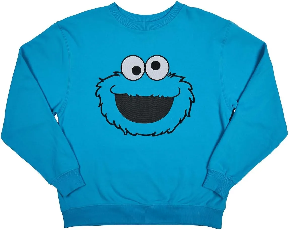 Sesame Street Big Face Cookie Monster Blue Crew Neck Long Sleeve Oversized Fleece Sweatshirt