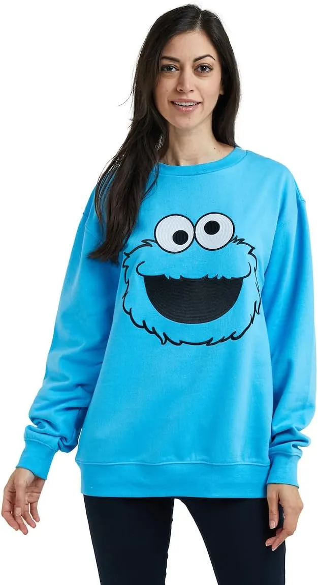 Sesame Street Big Face Cookie Monster Blue Crew Neck Long Sleeve Oversized Fleece Sweatshirt