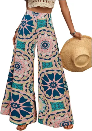 SHENHE Women's Summer Wide Leg Floral Flowy Palazzo Pants High Waisted Beach Boho Trousers