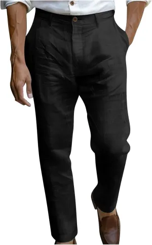 Sinzelimin Men's Linen Suit Pants Fashion Solid Color Button Zipper Closure Dressy Casual Wide Leg Sweatpant Work Trousers