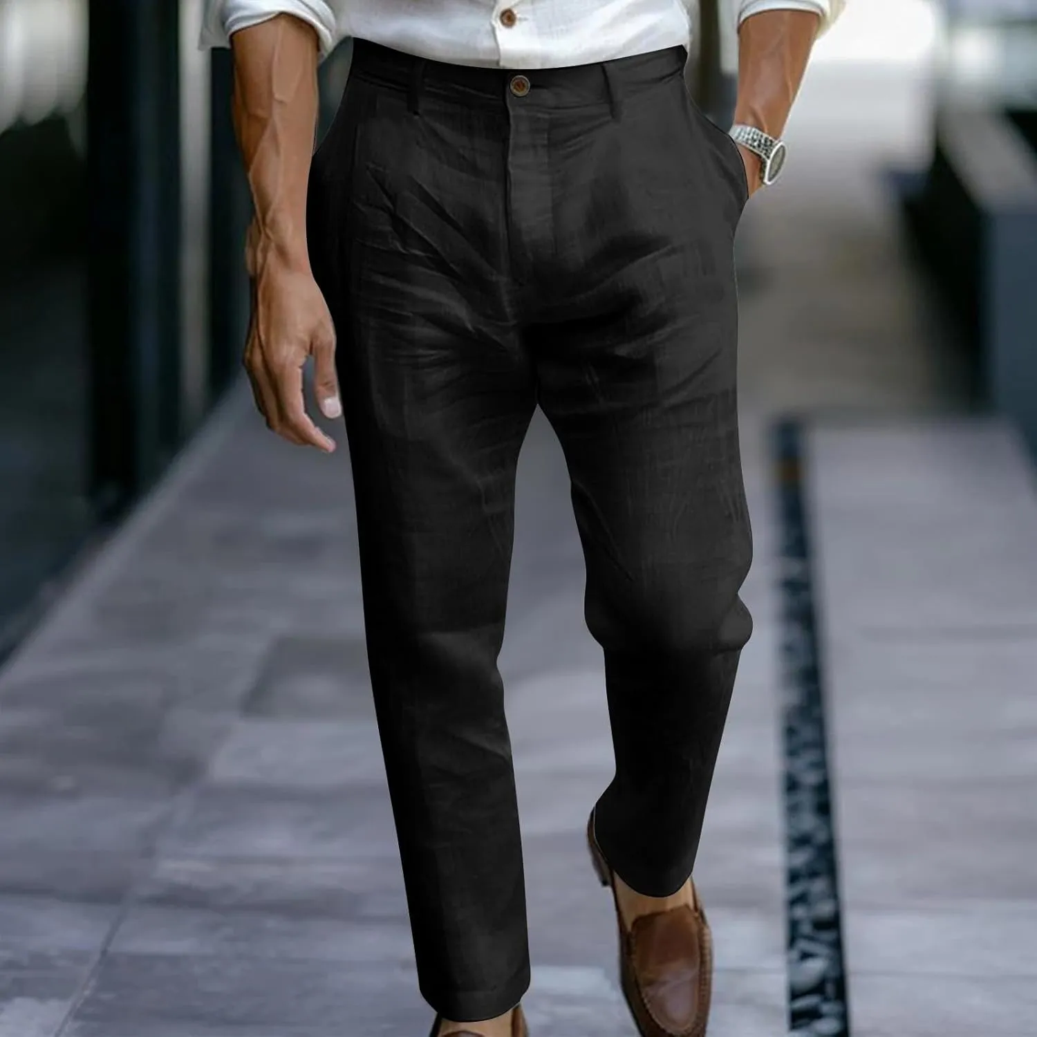 Sinzelimin Men's Linen Suit Pants Fashion Solid Color Button Zipper Closure Dressy Casual Wide Leg Sweatpant Work Trousers