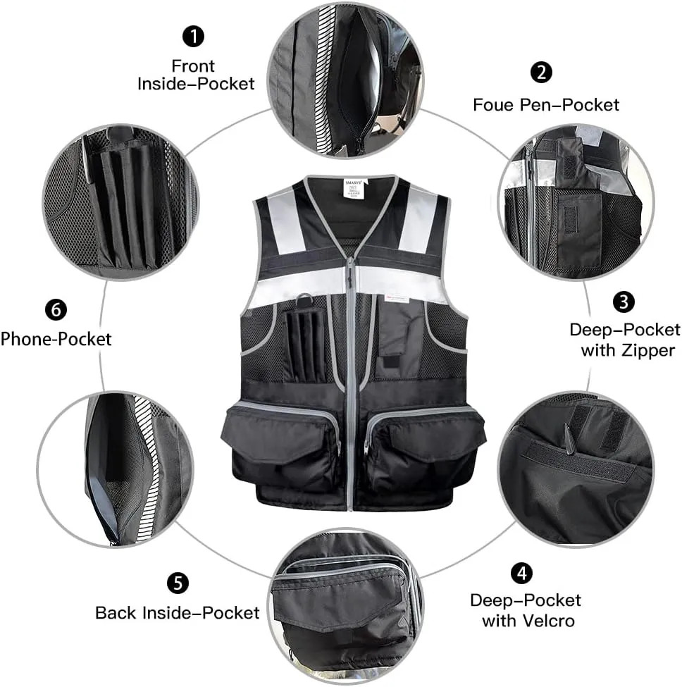 SMASYS Hi Vis Safety Vest with 3M Reflective Tape, knitted and Oxford Fabric with Pockets,Multifunction Construction Workwear